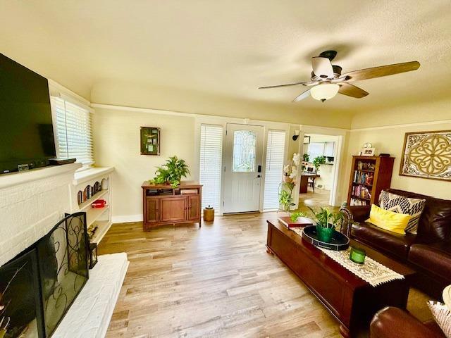 living room with a fireplace, ceiling fan, and light wood-type flooring