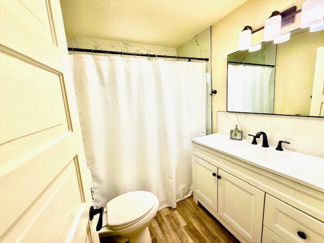 bathroom featuring vanity, hardwood / wood-style flooring, and toilet