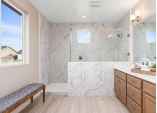 bathroom featuring hardwood / wood-style floors, vanity, tiled shower, and a wealth of natural light