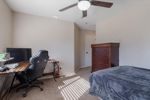 bedroom with light colored carpet and ceiling fan