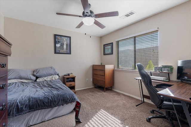 bedroom with light colored carpet and ceiling fan