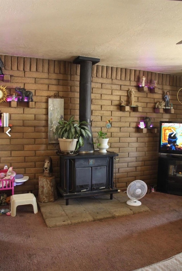 1875 Storey Rd, Madera, CA 93638 - living room featuring a wood stove, carpet flooring, and a textured ceiling