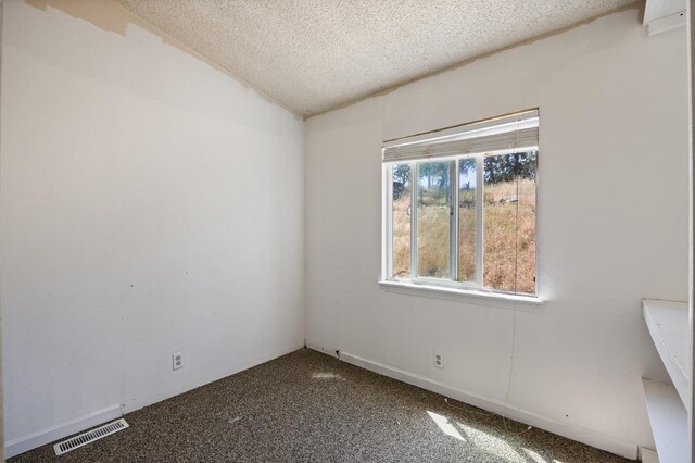 carpeted spare room with vaulted ceiling and a textured ceiling