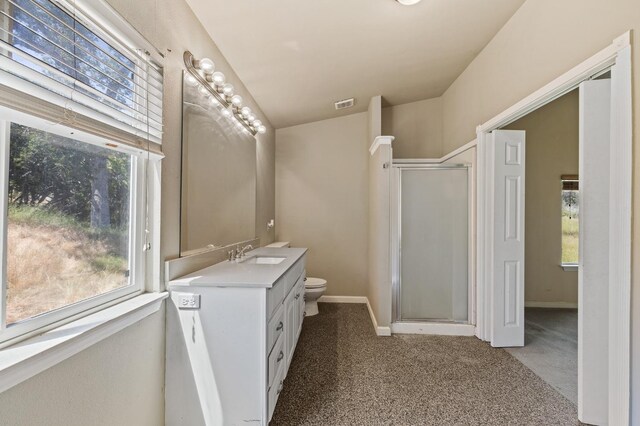 bathroom with vanity, toilet, and walk in shower