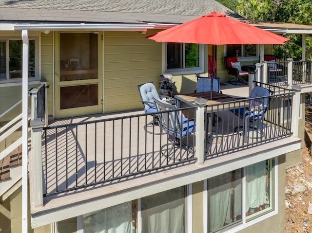 wooden deck featuring a patio