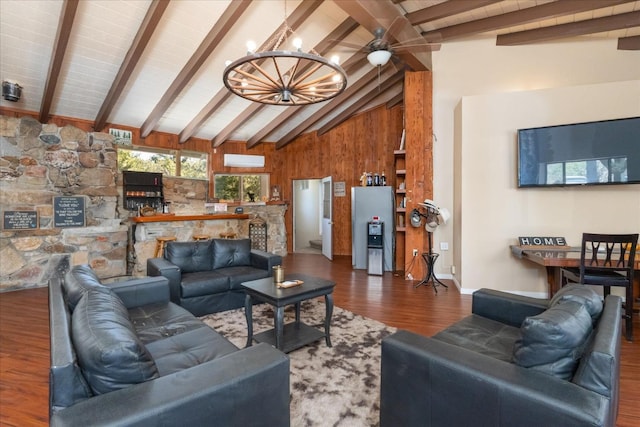 living room featuring wooden walls, dark hardwood / wood-style floors, a chandelier, and lofted ceiling with beams