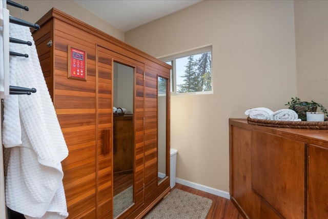 bathroom with hardwood / wood-style flooring