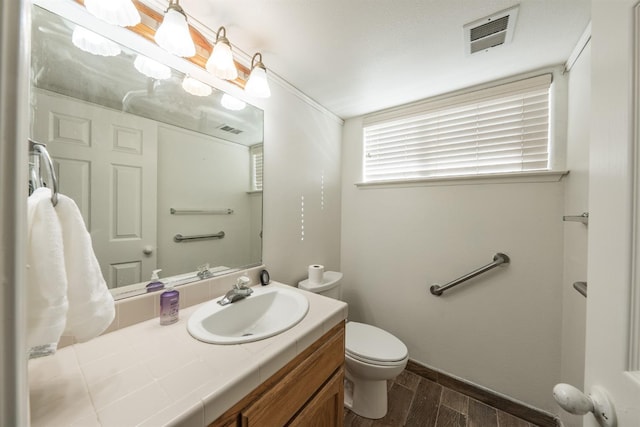 bathroom with wood-type flooring, vanity, and toilet