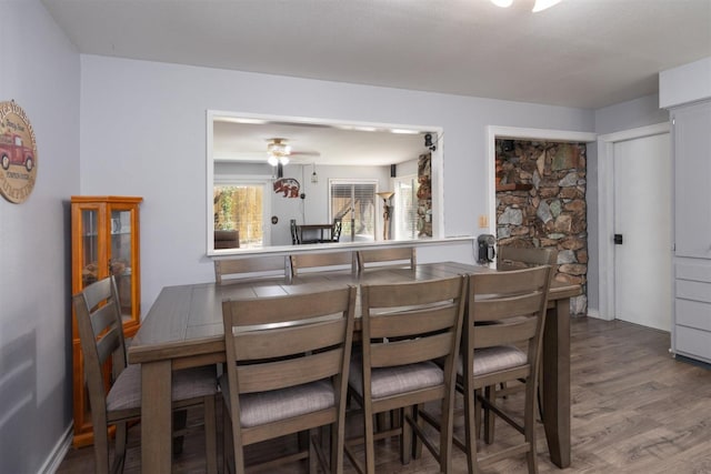 dining space with hardwood / wood-style flooring and ceiling fan