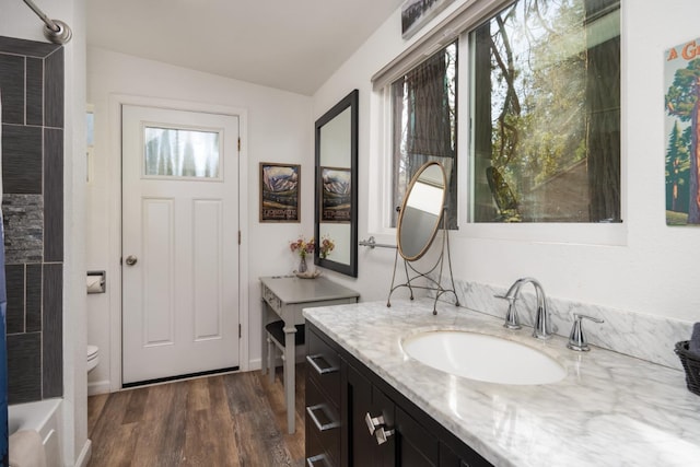 bathroom featuring hardwood / wood-style flooring, vanity, and toilet