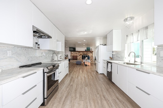 kitchen with dishwashing machine, white cabinetry, sink, and stainless steel range with electric cooktop