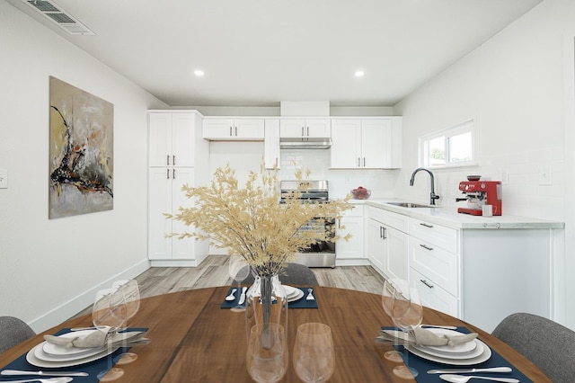 kitchen with white cabinetry, stainless steel electric stove, and sink