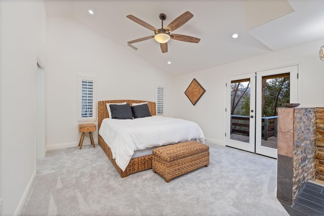 carpeted bedroom featuring high vaulted ceiling, access to exterior, ceiling fan, and french doors