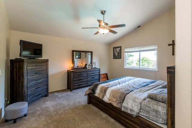 bedroom featuring lofted ceiling, carpet flooring, and ceiling fan