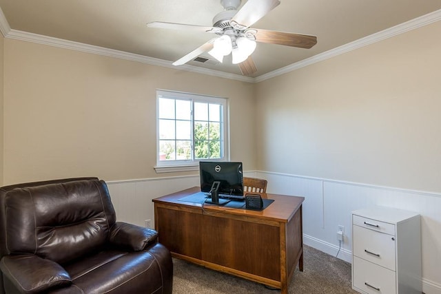 home office featuring crown molding, ceiling fan, and carpet flooring