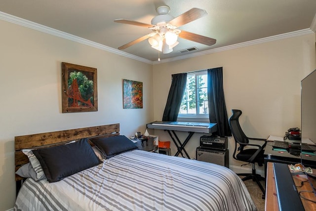 bedroom with crown molding, carpet flooring, and ceiling fan