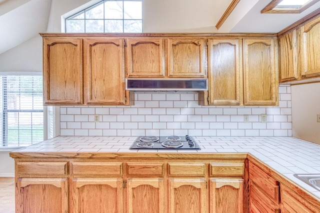 kitchen featuring tasteful backsplash, lofted ceiling, and electric stovetop