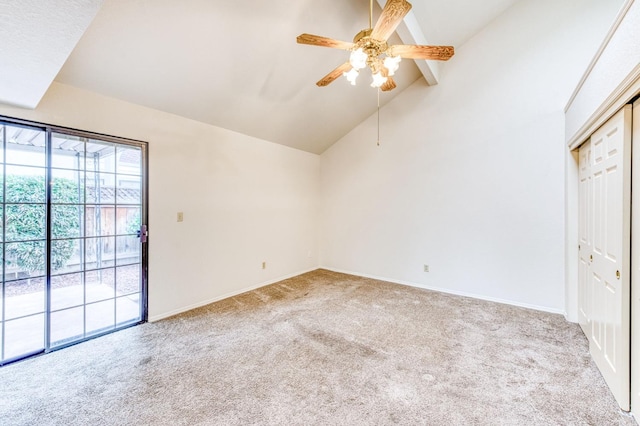 unfurnished bedroom with lofted ceiling with beams, light colored carpet, access to exterior, and ceiling fan