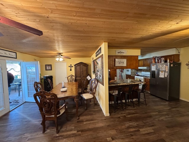 dining space with wood ceiling, dark hardwood / wood-style floors, and ceiling fan