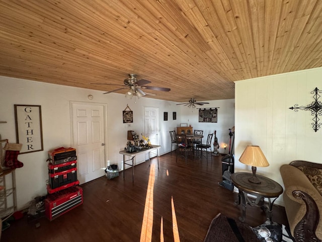 living room featuring dark wood-type flooring and wooden ceiling