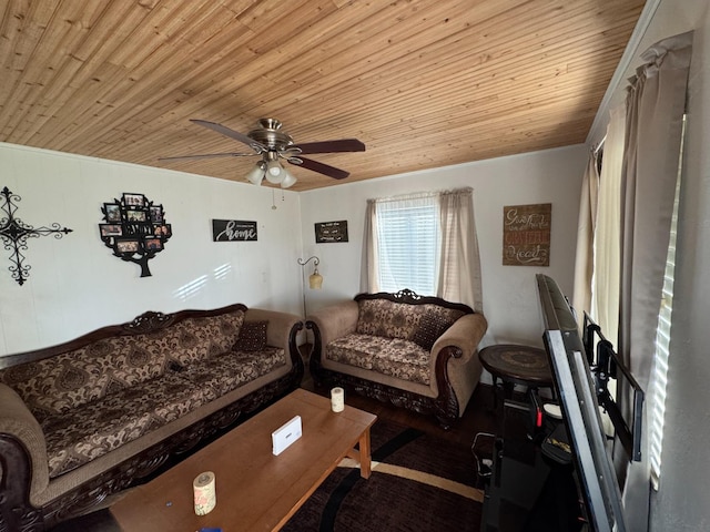 living room with wood ceiling and ceiling fan