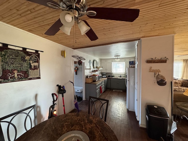 dining area with dark wood-type flooring, ceiling fan, and wooden ceiling