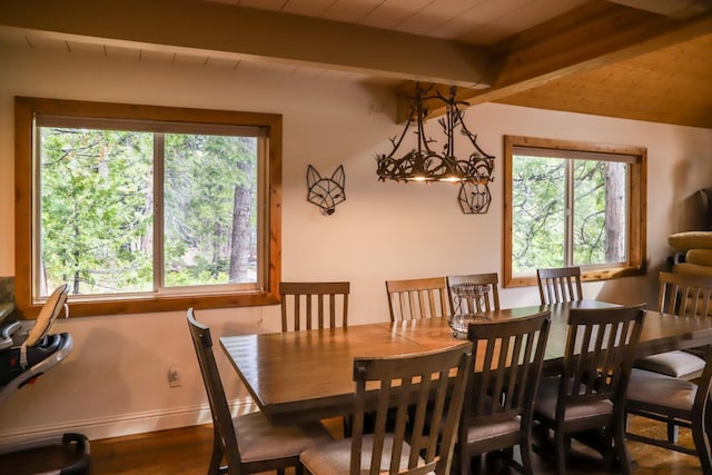 dining room with beamed ceiling, hardwood / wood-style flooring, and wooden ceiling