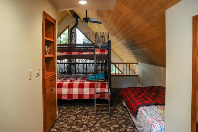 carpeted bedroom with vaulted ceiling and wooden ceiling