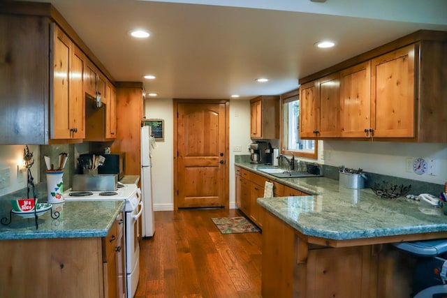 kitchen featuring sink, white appliances, dark wood-type flooring, a kitchen bar, and kitchen peninsula