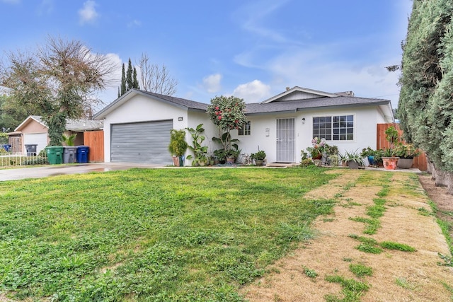 ranch-style house with a front lawn, fence, stucco siding, a garage, and driveway