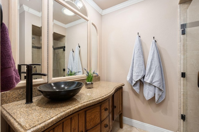 bathroom with an enclosed shower, crown molding, tile patterned flooring, and vanity