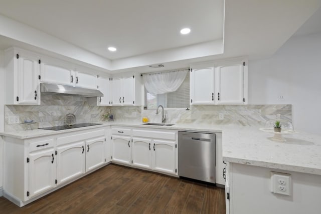 kitchen featuring sink, white cabinetry, black electric cooktop, decorative backsplash, and stainless steel dishwasher