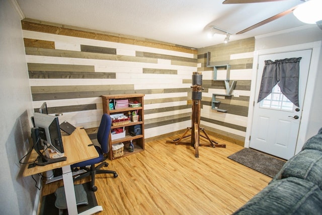 office area featuring hardwood / wood-style floors and wooden walls