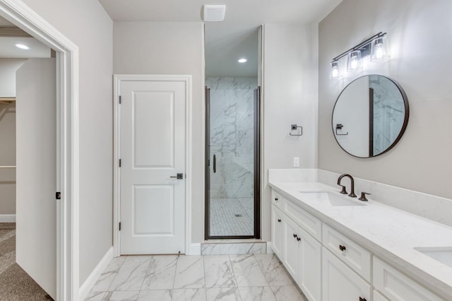 35710 Bonadelle Ave, Madera, CA 93636 - bathroom featuring a sink, a marble finish shower, marble finish floor, double vanity, and recessed lighting