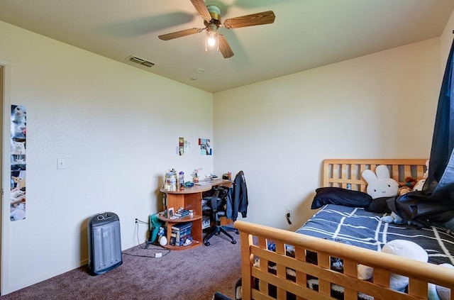 bedroom with ceiling fan and carpet flooring