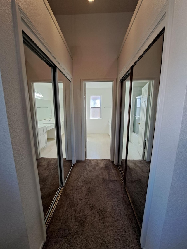 hall featuring carpet floors and a textured wall