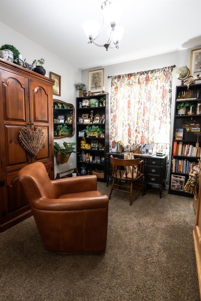 living area featuring a chandelier and dark colored carpet