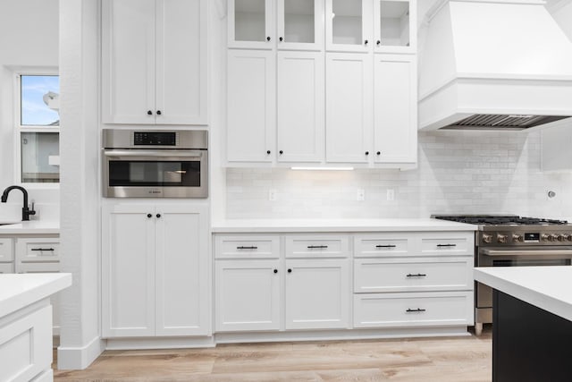 kitchen with custom exhaust hood, white cabinetry, appliances with stainless steel finishes, and sink