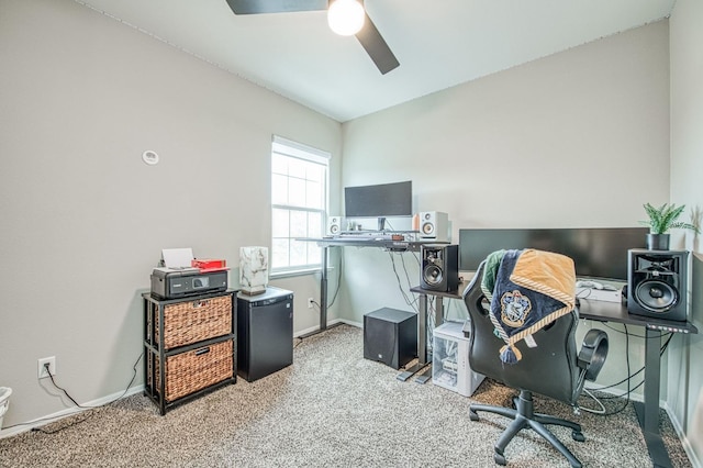 carpeted office with ceiling fan