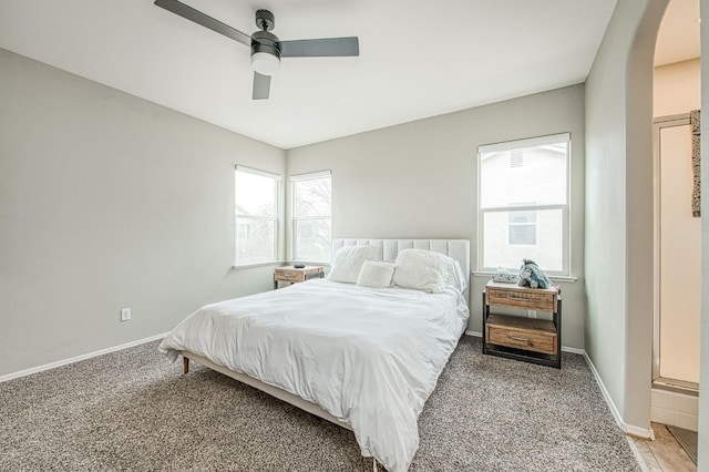 bedroom featuring multiple windows, carpet flooring, and ceiling fan