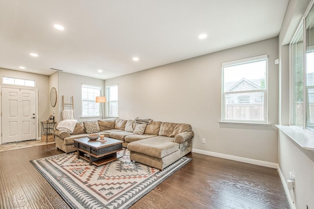 living room with dark hardwood / wood-style flooring