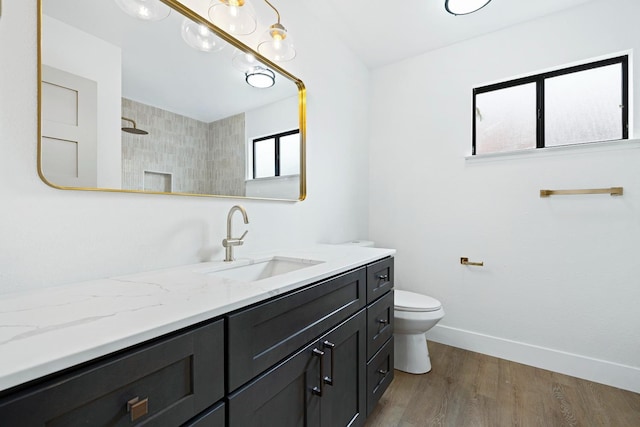 bathroom with vanity, toilet, hardwood / wood-style floors, and a shower