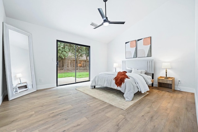 bedroom with ceiling fan, high vaulted ceiling, access to exterior, and light wood-type flooring