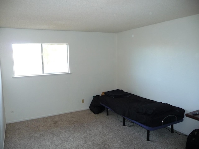 bedroom with light carpet and a textured ceiling