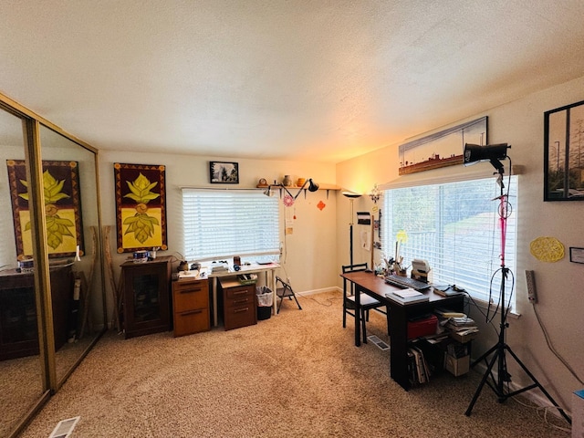 office area with carpet floors and a textured ceiling