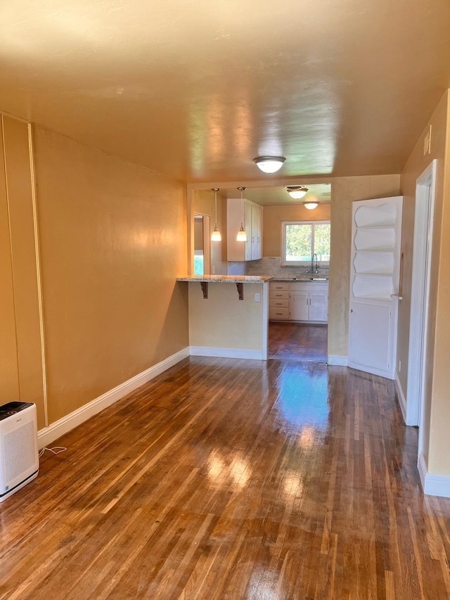 unfurnished living room featuring sink and dark hardwood / wood-style floors