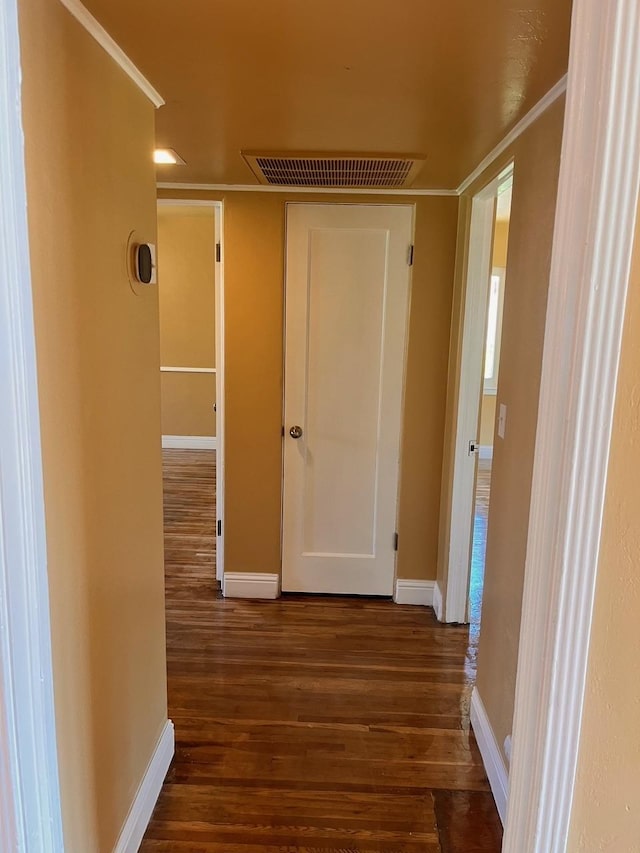 hallway with ornamental molding and dark hardwood / wood-style floors