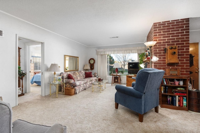 living room with carpet floors and a textured ceiling