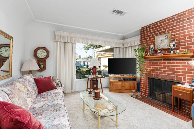 carpeted living room featuring a brick fireplace