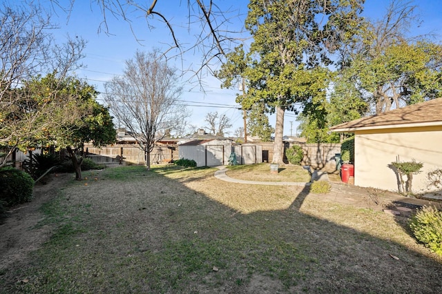 view of yard featuring a storage unit